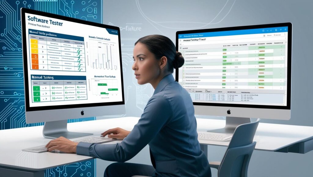 QA engineer reviewing manual and automated test results in a futuristic software testing environment, representing the balance between manual and automation testing.