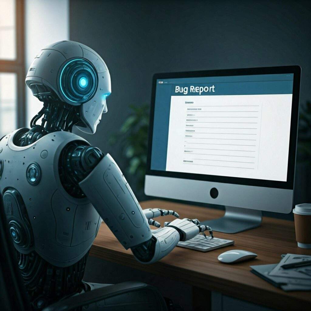 A QA Robot writing a Bug Report