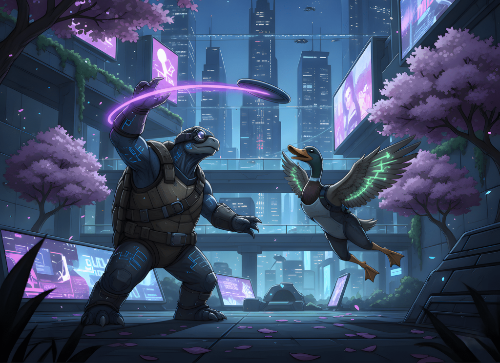 Turtle and duck playing frisbee illustration for regression testing guide