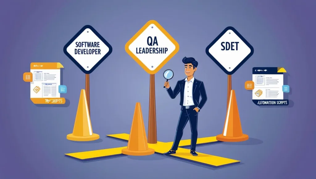 A QA professional at a career crossroad, choosing between Software Development, QA Leadership, and SDET, with visual elements representing debugging, automation, and coding.