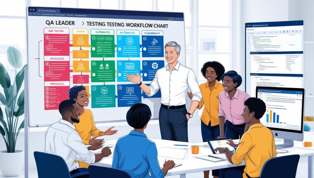 A QA leader mentoring a team, discussing testing strategy and process optimization, emphasizing collaboration and quality-driven leadership.