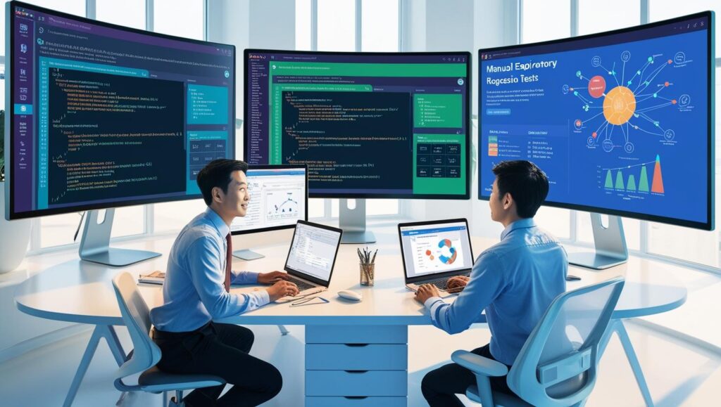 A team of QA engineers balancing manual, automation, and AI-driven testing, illustrating a hybrid approach to software quality assurance.