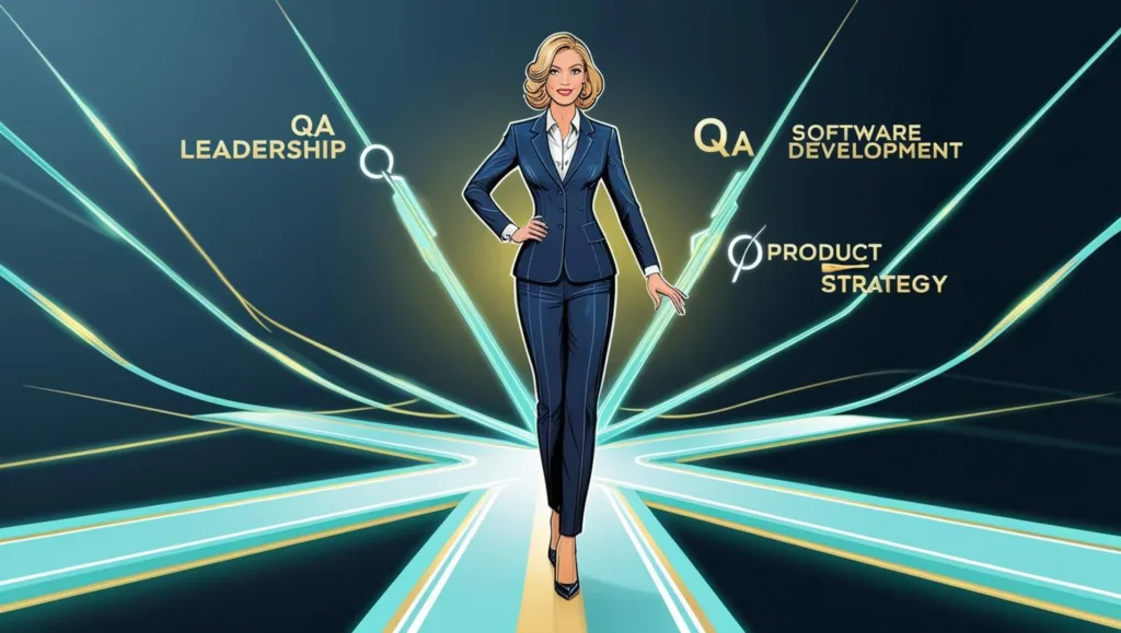 A QA professional standing at a career crossroad with signposts pointing to ‘QA Leadership,’ ‘Software Development,’ and ‘Product Strategy.’ The background represents career growth, adaptability, and the evolving role of QA in modern tech industries.