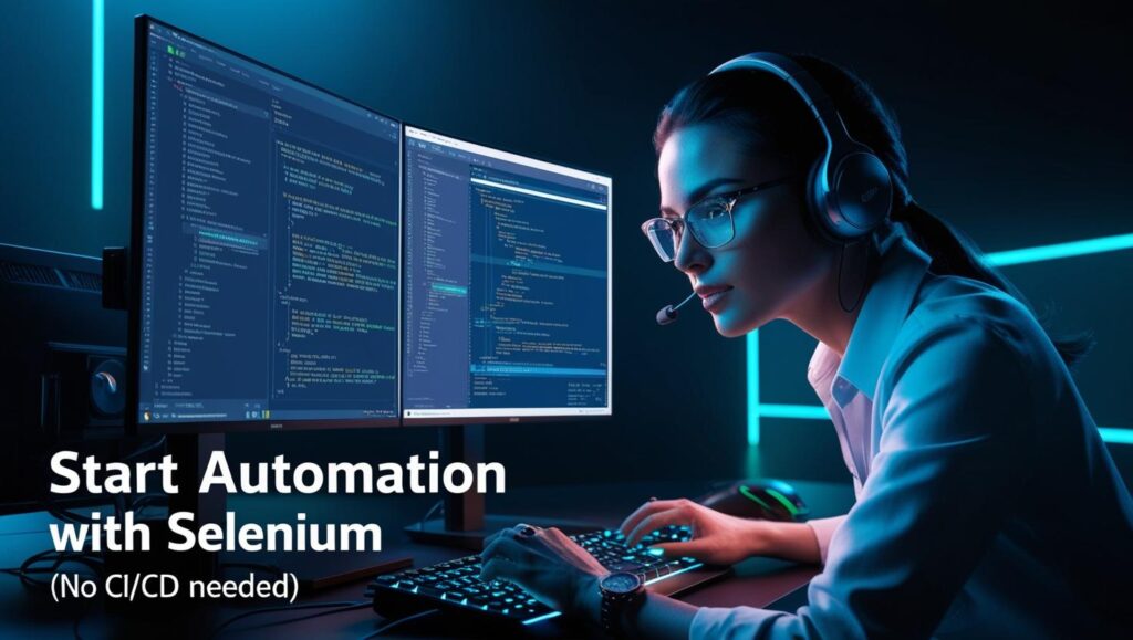Female QA engineer testing automation scripts with Selenium in a glowing dual-monitor setup.