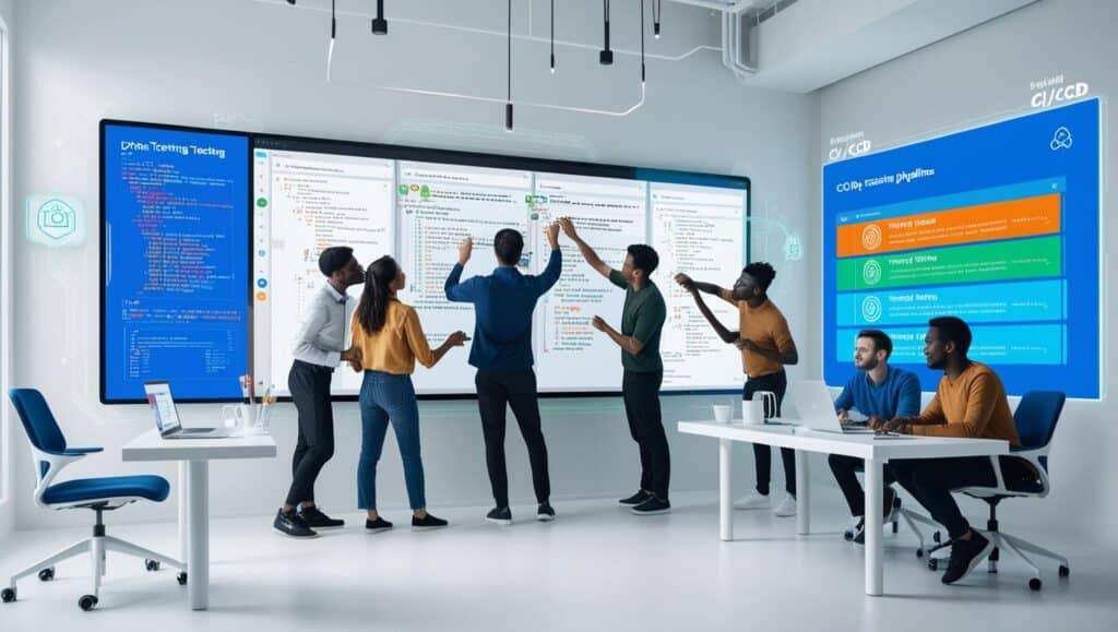 QA engineers and developers collaborating in an Agile environment using Shift Left Testing strategies, with testing dashboards and automation workflows displayed on screens.