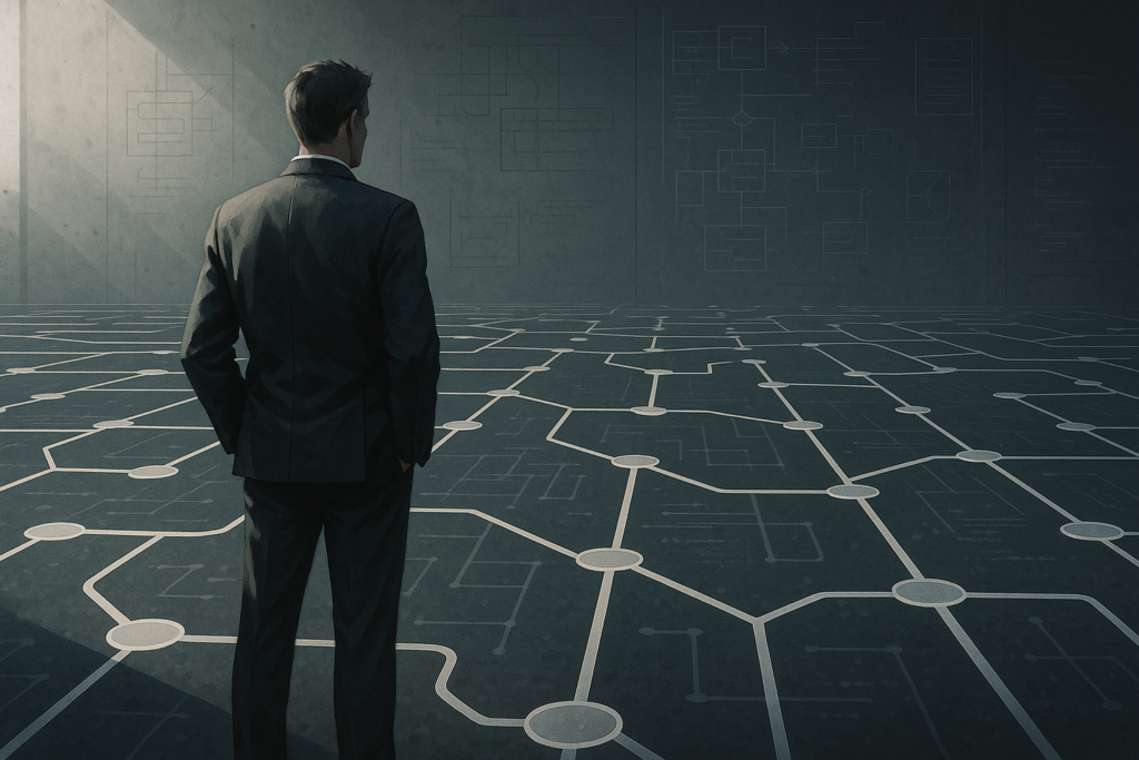 A strategist standing on a minimalist digital battlefield, symbolizing leadership, resilience, and the evolution from QA to project management.