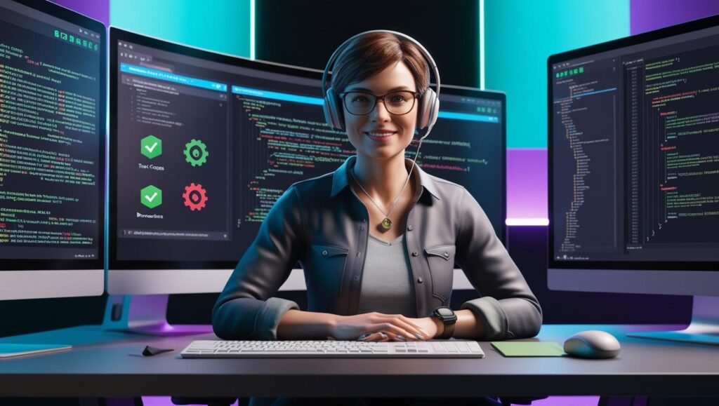 QA engineer woman automating browser tests with Playwright in a modern SaaS workspace