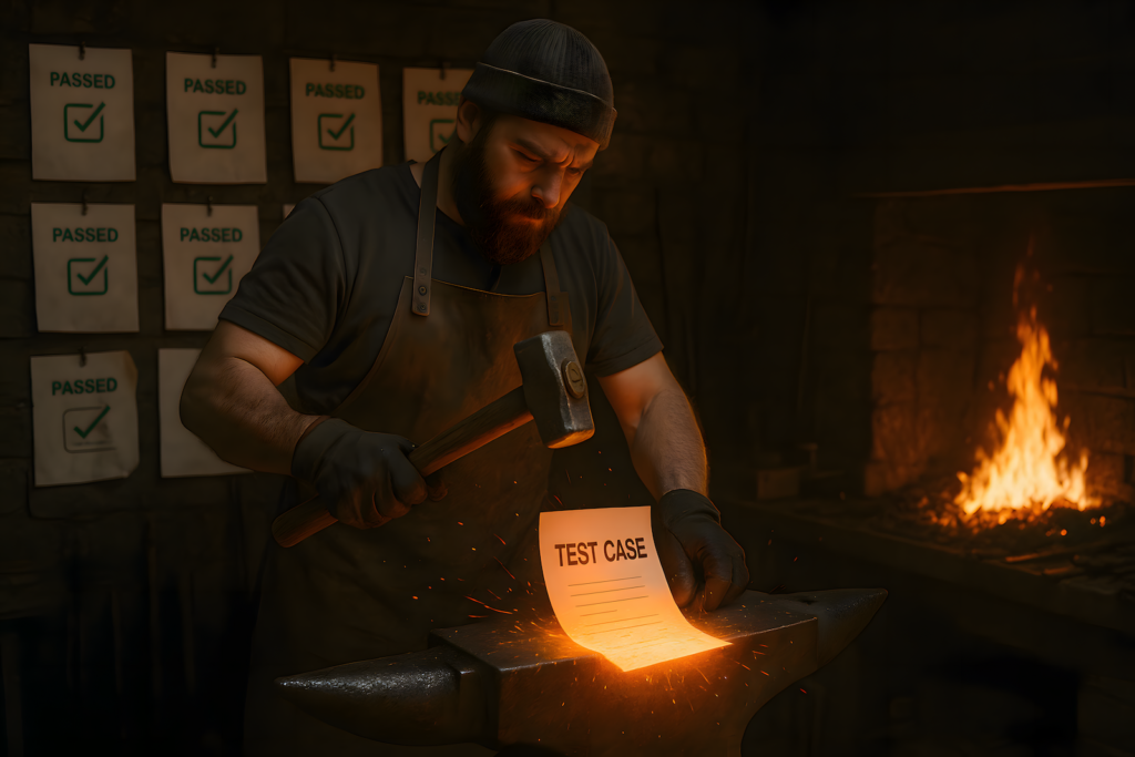 A blacksmith-style QA engineer hammering test cases on a glowing forge, with one bent test labeled ‘PASSED’ hanging on the wall—symbolizing regression tests that claim success but hide failure.