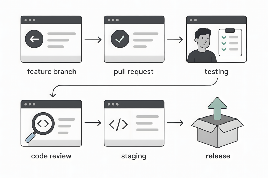 Visual diagram of a hybrid QA methodology flow from feature development to release