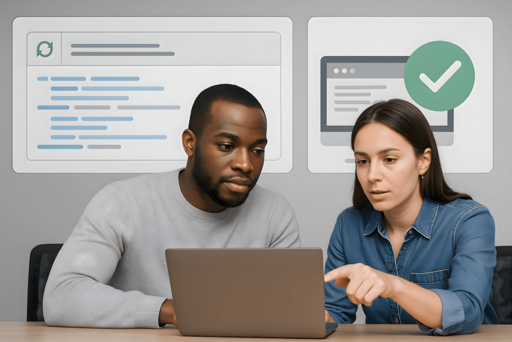 pull request QA testing workflow with a developer and QA reviewing a feature branch