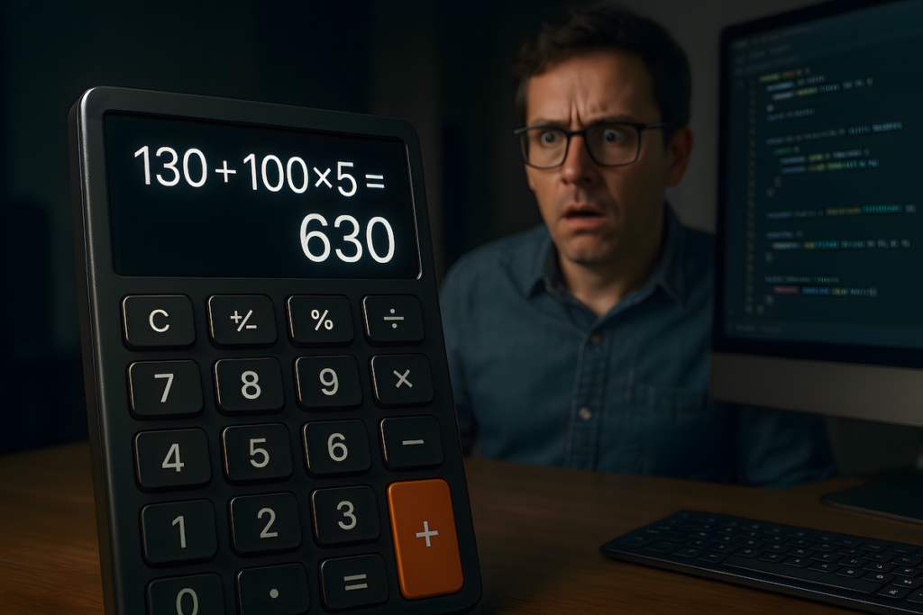 QA engineer analyzing a math meme on a calculator, discovering a hidden logic bug in operator precedence
