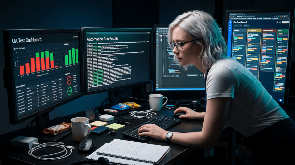 QA engineer managing a full quality assurance excellence system across multiple testing dashboards and automation tools