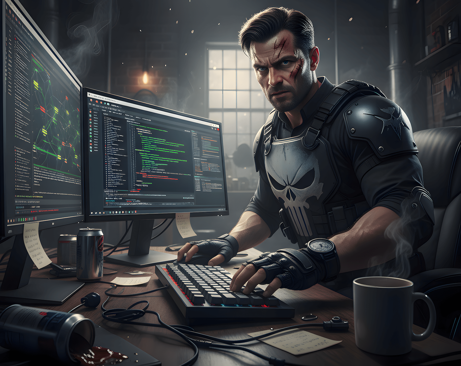 QA tester in daredevil/Punisher style performing manual API testing with Postman, surrounded by code and API endpoints.