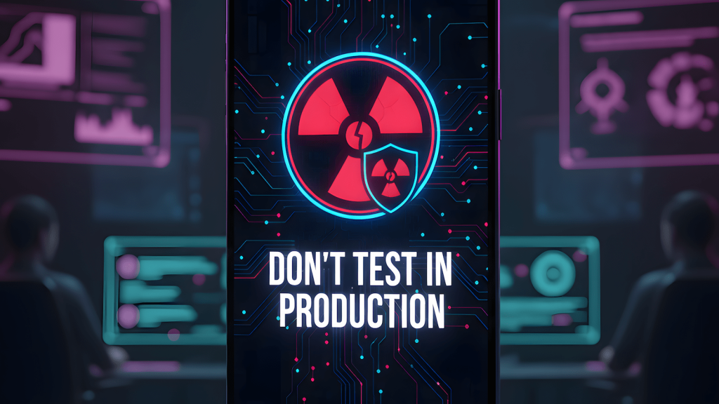 Warning symbol with circuit board background and "Don't Test in Production" text in bold letters