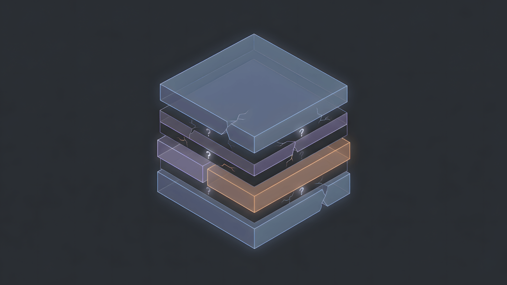 Illustration showing abstraction layers in software systems where hidden gaps represent untested assumptions.