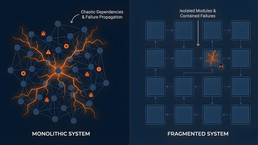 Monolithic system with tangled dependencies versus fragmented system with isolated modules and contained failures, illustrating why QA works better with fragmentation