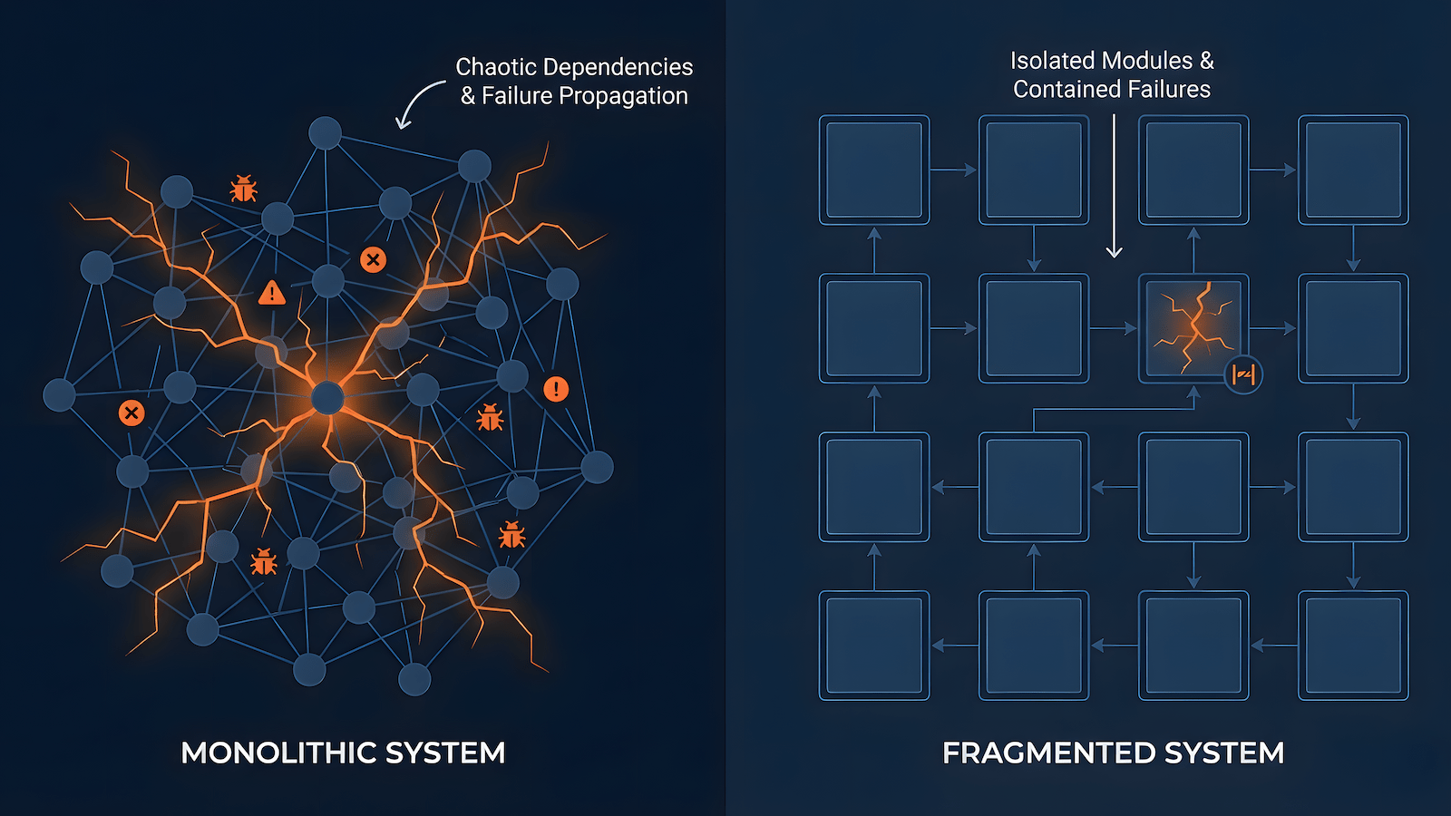Monolithic system with tangled dependencies versus fragmented system with isolated modules and contained failures, illustrating why QA works better with fragmentation