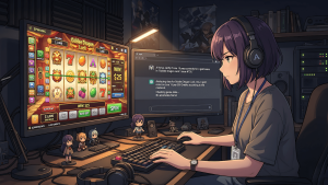 QA engineer using Claude as an AI collaborator during casino game testing on a dual-monitor setup