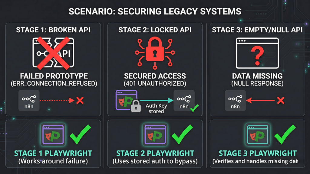 Playwright automation scenarios with no API access, broken API, gated API, and no API each solved with browser automation