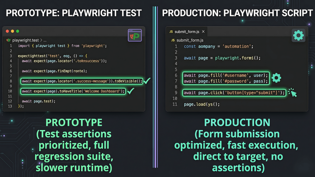 Playwright browser automation used outside testing, test file versus standalone automation script comparison