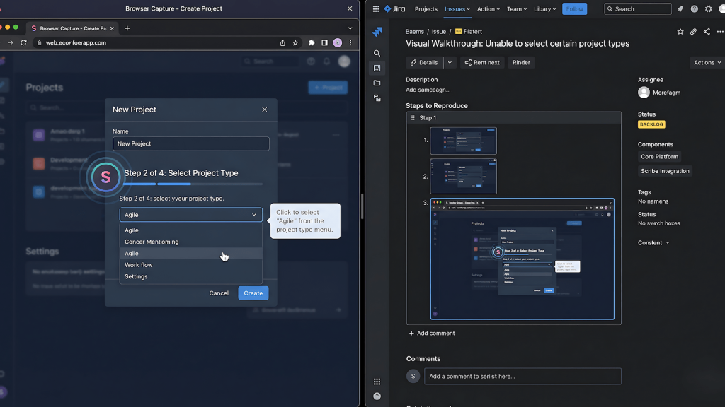 Scribe browser extension capturing a bug reproduction walkthrough for a QA bug report