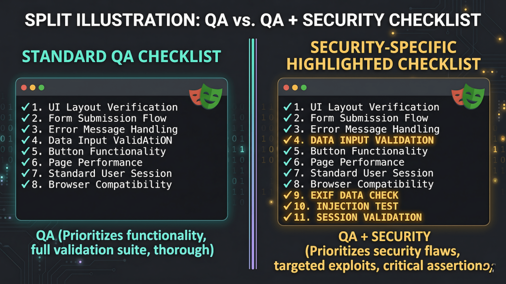 Security testing for QA engineers, standard QA checklist with security test cases highlighted