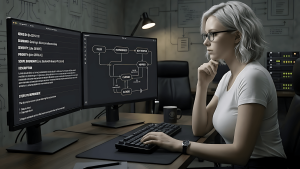Hybrid QA workflow diagram showing the direct fix loop between QA engineer and AI dev agent, with bug report template and verification comment format on screen.