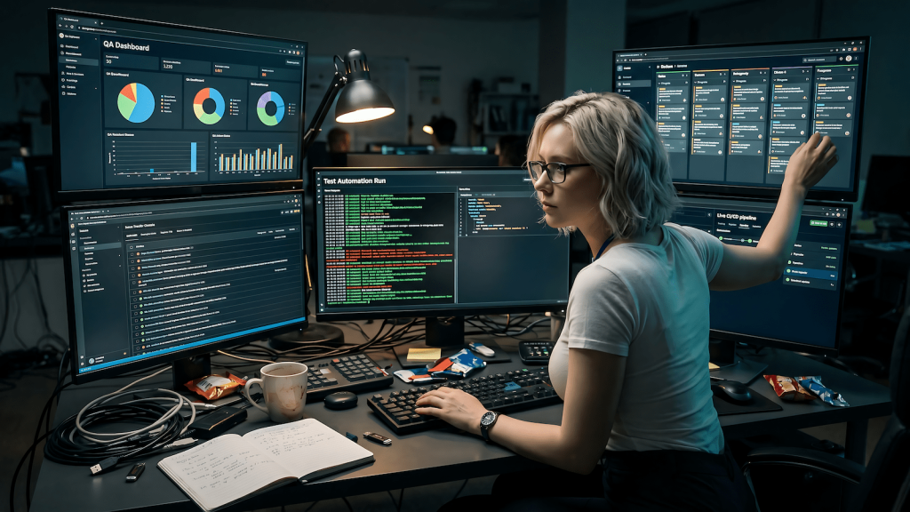 QA engineer at a dark workstation with multiple monitors showing test automation runs and QA dashboard
