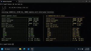 k6 performance test terminal output on Windows showing p95 latency results across AI action endpoints and direct Convex queries