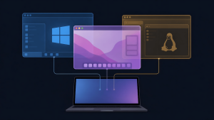Illustration of one laptop running multiple overlapping operating system windows connected by lines, representing a QA testing environment setup